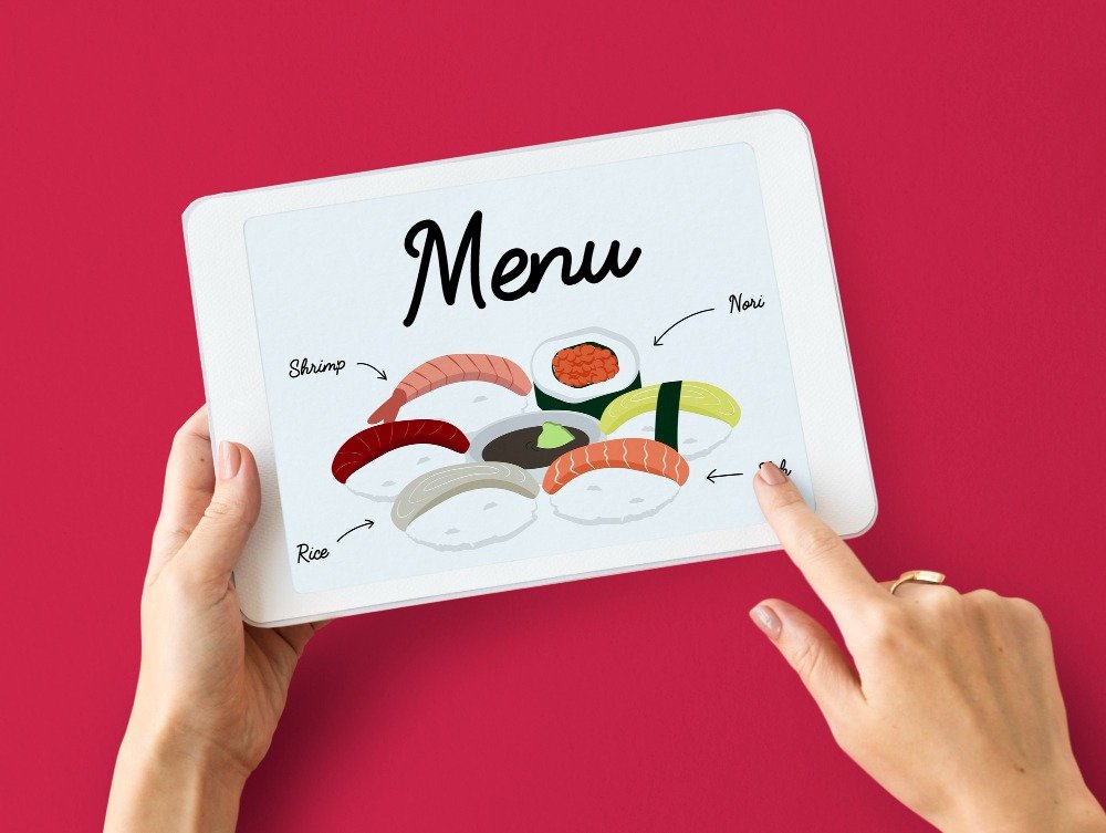 Restaurant menu with highlighted sections and food item prices